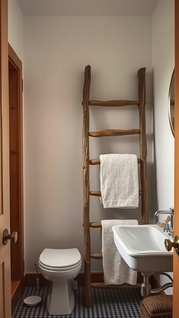 A rustic wooden ladder towel rack with white towels in a small bathroom.