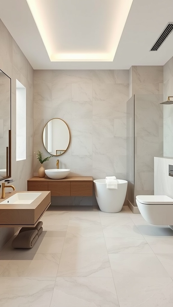 Modern bathroom with large format tiles, wooden accents, and minimalist design