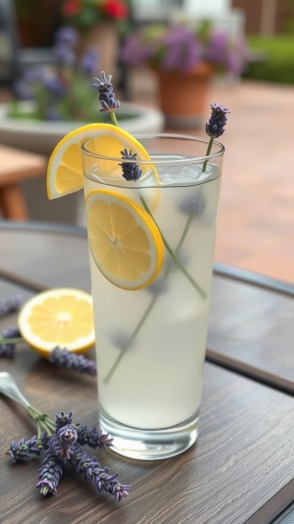 A refreshing glass of lavender lemonade garnished with lemon slices and lavender sprigs.