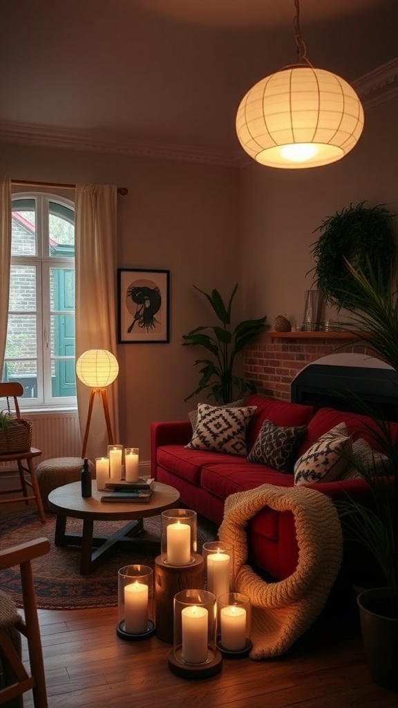 A cozy boho living room featuring layered lighting with a pendant light, candles, and a floor lamp.