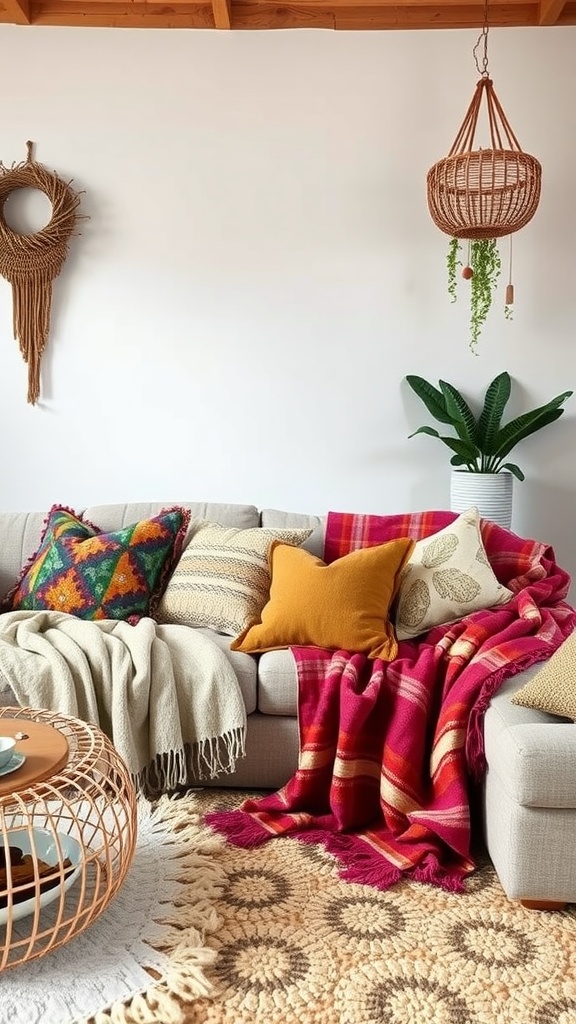 Cozy boho living room with layered textiles, colorful pillows, warm blankets, and a woven rug.