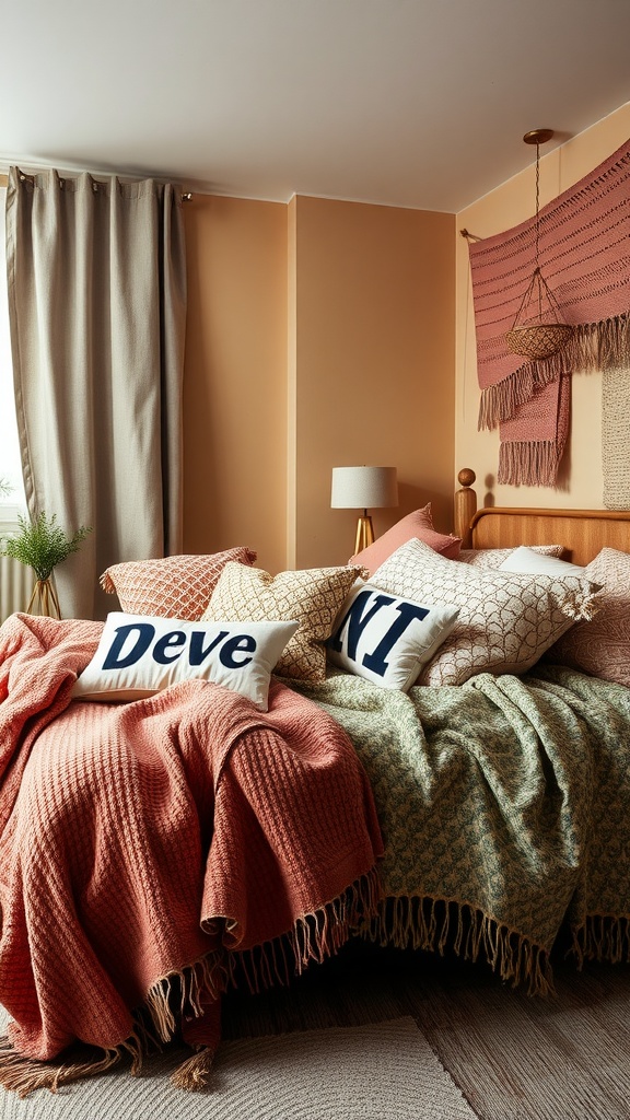 Cozy bedroom featuring layered textiles with warm-colored blankets and decorative pillows.