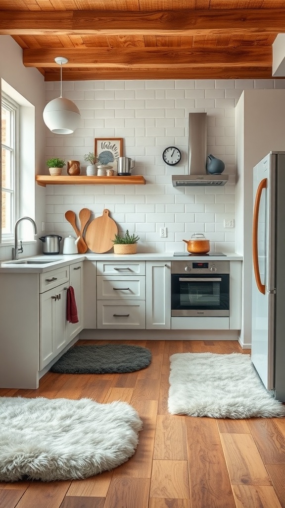 A modern kitchen featuring wooden flooring, white cabinets, and two plush rugs on the floor.