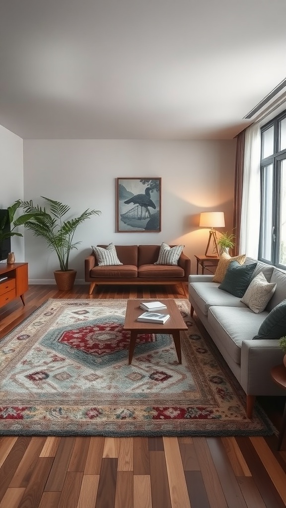 Cozy living room with layered rugs, stylish furniture, and warm lighting.