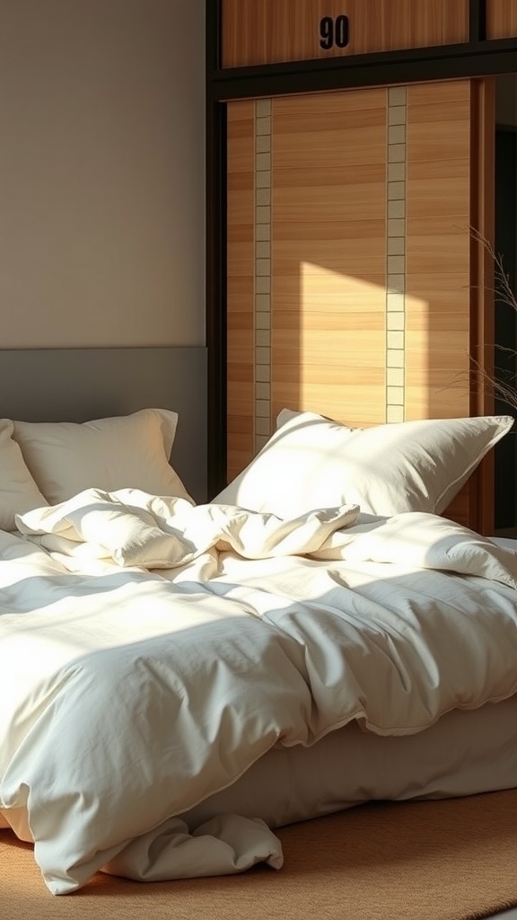 A cozy Japandi bedroom featuring a white comforter and wooden details, showcasing a minimalist and inviting design.