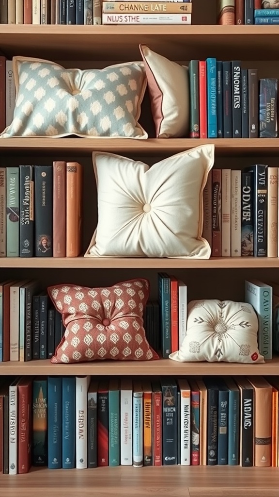 A cozy bookshelf displaying various books, soft blankets, and woven baskets, showcasing a layered textile look.