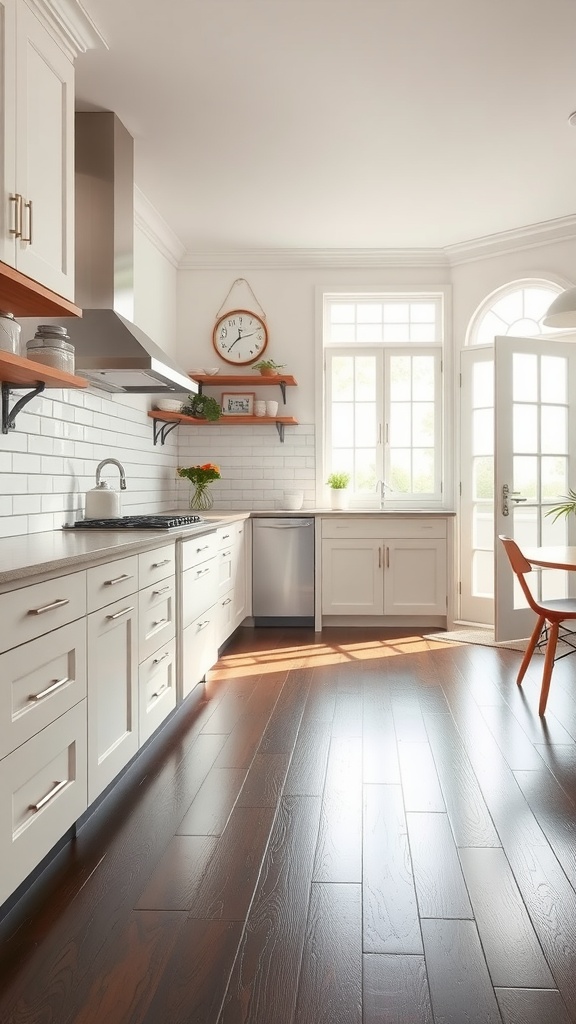 Bright kitchen featuring dark wood flooring and light tile accents