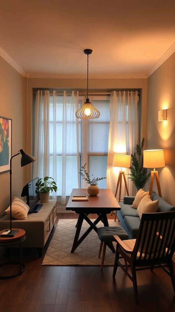 Cozy small living room and dining room combo with warm lighting, including a pendant light and floor lamp.