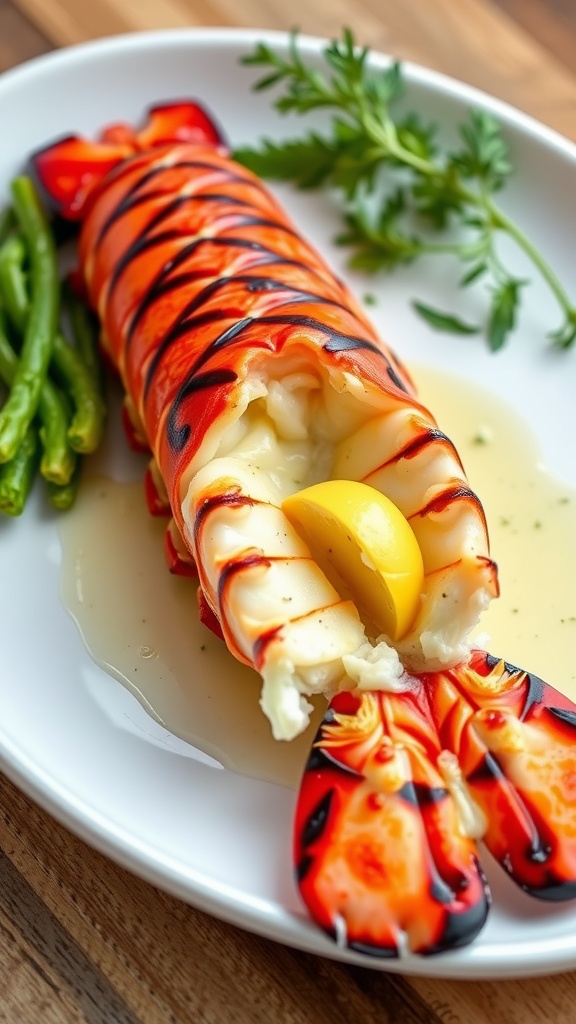 A beautifully cooked lobster tail drizzled with garlic butter and garnished with lemon.