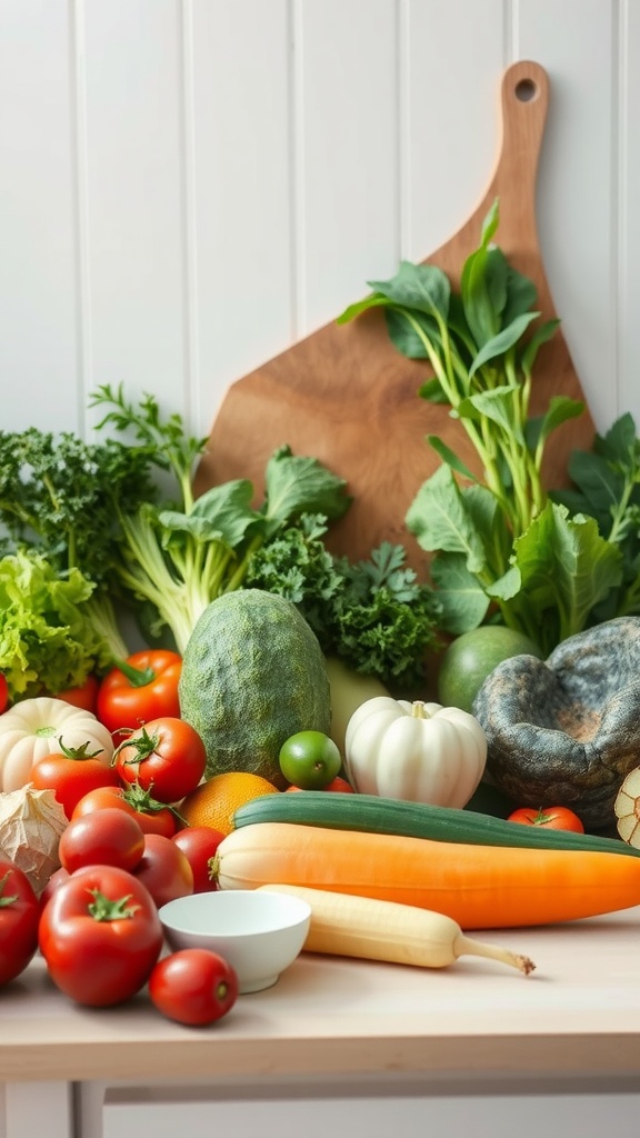 A variety of fresh vegetables displayed on a wooden countertop, including tomatoes, leafy greens, and other colorful produce.