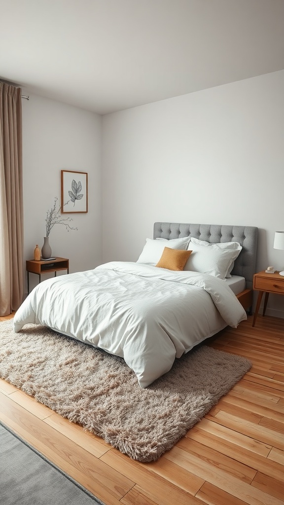 A cozy bedroom featuring a fluffy area rug, a neatly made bed with soft bedding, and wooden flooring.