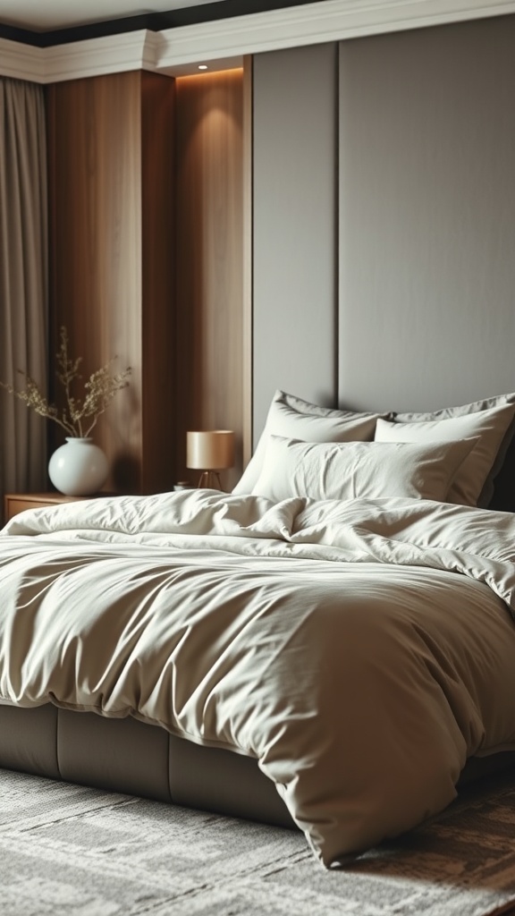 Luxurious modern bedroom with soft neutral bedding and wooden accents.