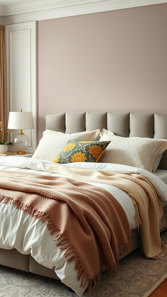 Luxurious layered bedding with blush and cream throws in a modern bedroom