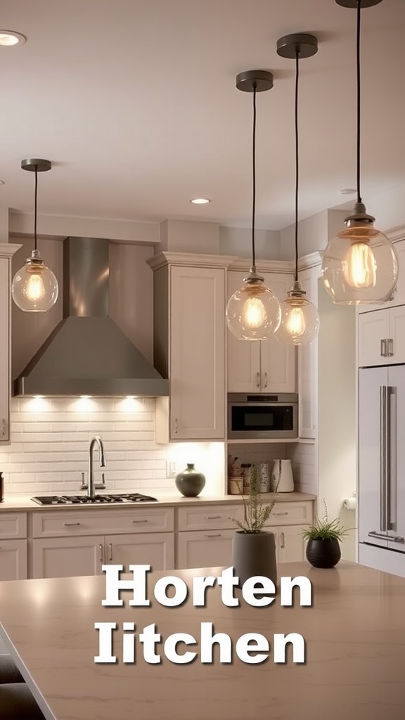 Modern kitchen with pendant lighting fixtures hanging above a countertop, showcasing a sleek design.