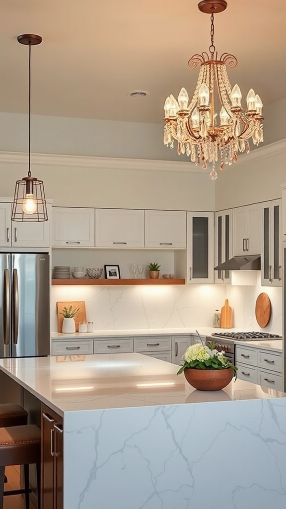 Modern kitchen with pendant lighting fixtures hanging above a countertop, showcasing a sleek design.