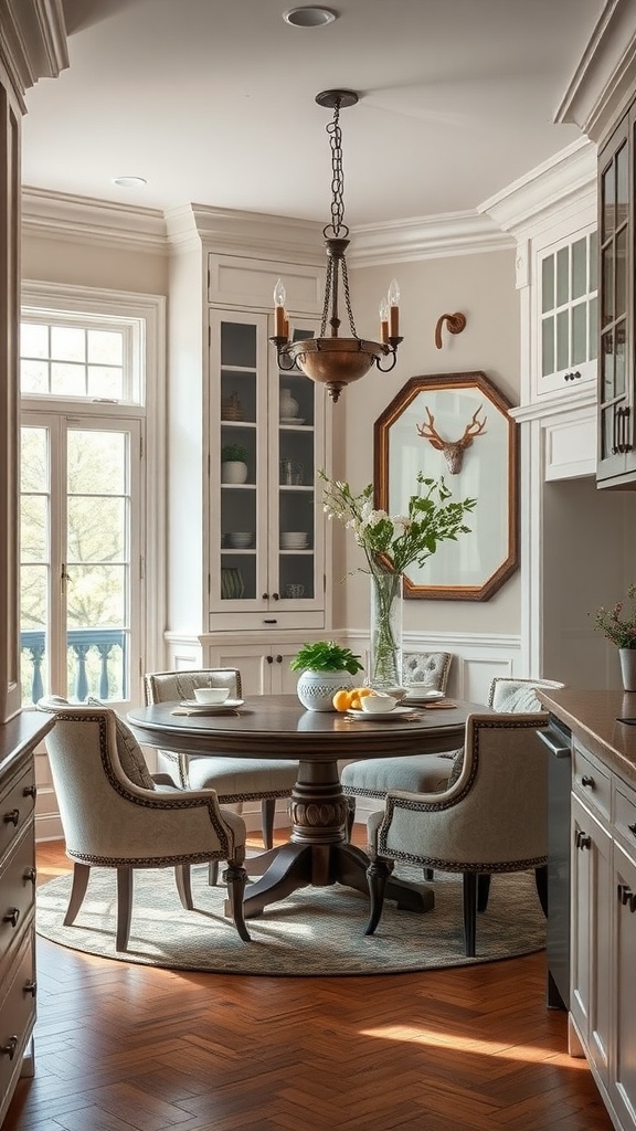 A luxury breakfast nook with a round table, upholstered chairs, and a chandelier in a bright kitchen.