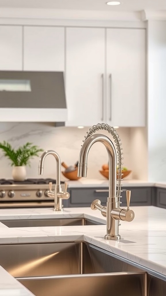 Modern luxury kitchen with stylish faucets and stainless steel sinks