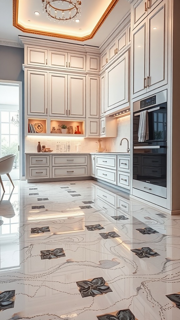 A luxurious kitchen featuring elegant cabinetry and a stunning glass tile floor.