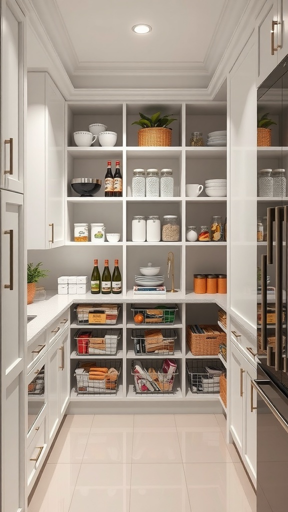 A modern and stylish pantry featuring organized shelves with jars, baskets, and decorative items.