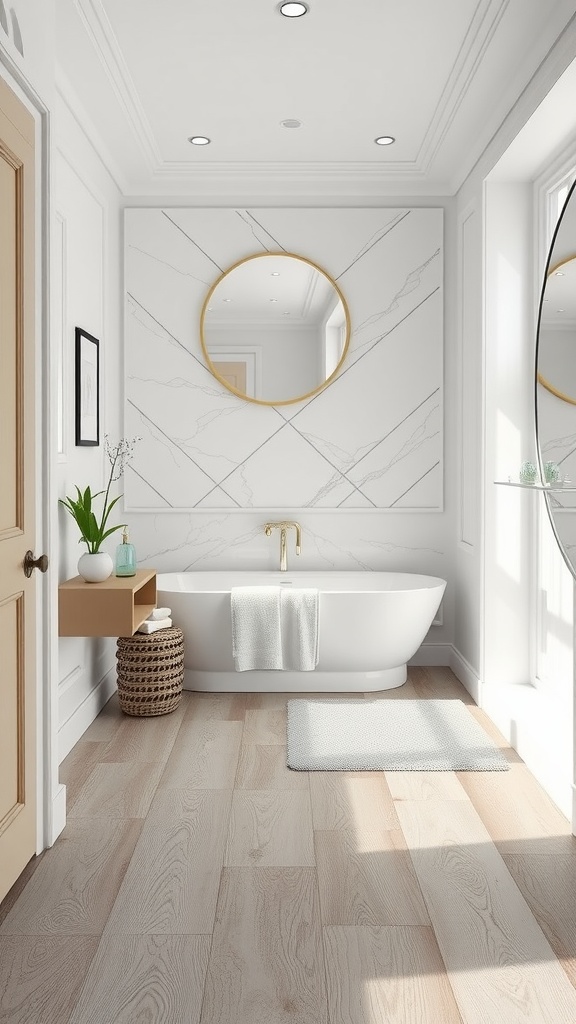 A modern bathroom featuring luxury vinyl plank flooring, a freestanding bathtub, and elegant fixtures.