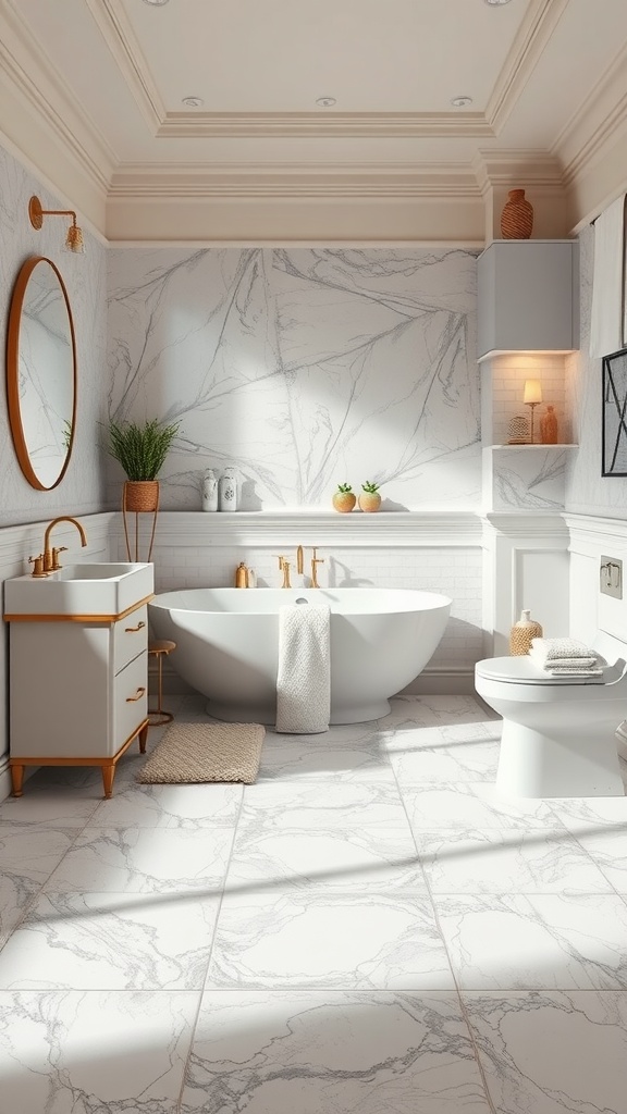 A stylish bathroom featuring luxury vinyl tile flooring with a marble design, a freestanding bathtub, and elegant fixtures.