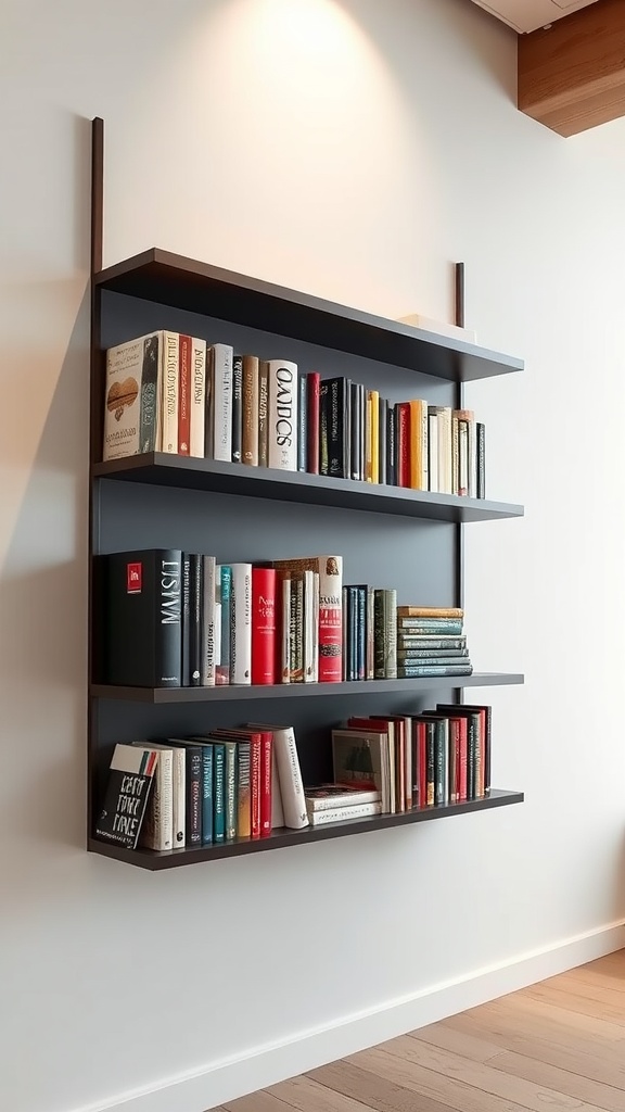 A modern wall-mounted bookshelf with several shelves, holding a diverse collection of books.