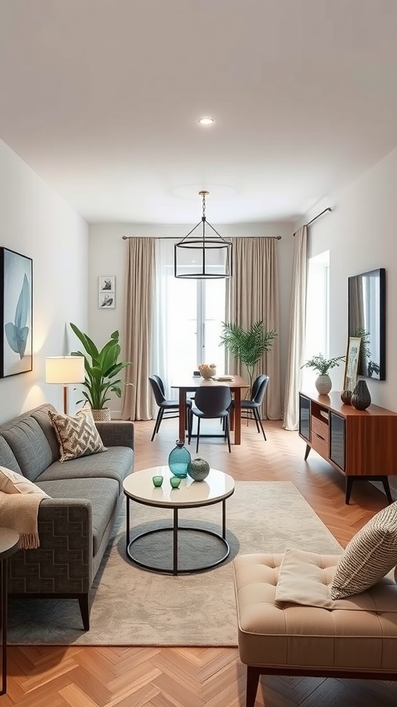 A small living room and dining room combo featuring a gray sofa, cream-colored chair, round coffee table, and dining area with four chairs.