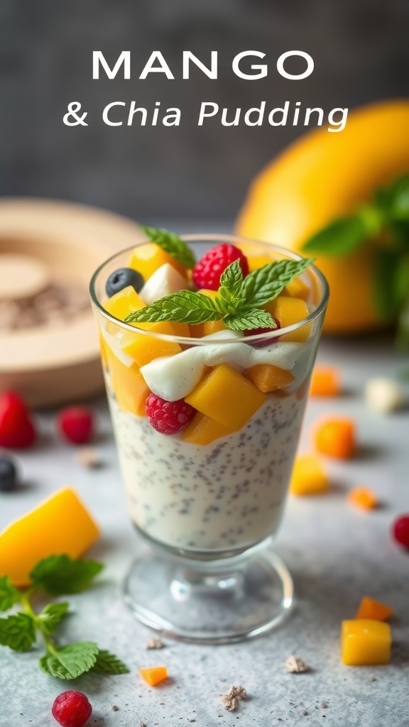 A glass of mango and coconut chia pudding topped with fresh mango, raspberries, and mint leaves.