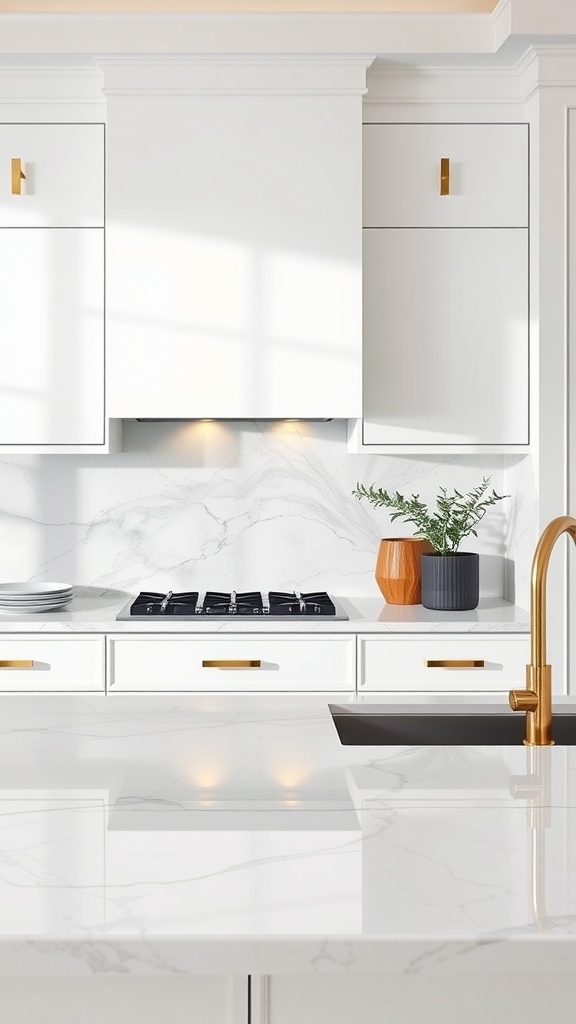 Modern kitchen featuring white marble countertops and backsplashes with gold hardware and plants.