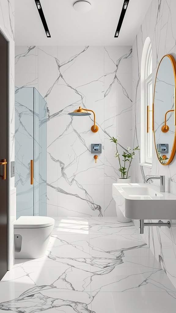 A modern bathroom featuring marble effect tiles on the walls and floor, with golden fixtures and a glass shower.