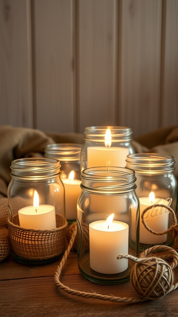 A collection of mason jars filled with candles, emitting a warm glow, resting on a wooden surface with twine decor