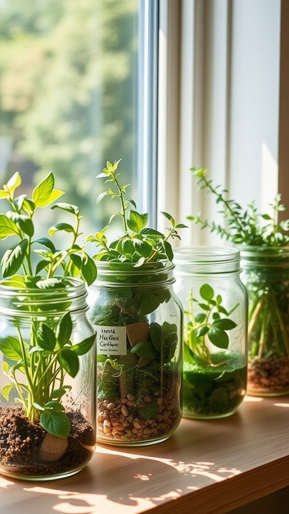 A mason jar filled with green herbs sitting on a windowsill