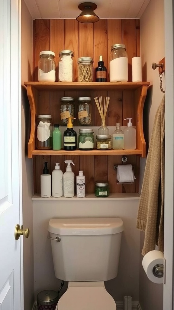 Rustic bathroom with mason jar storage on wooden shelves