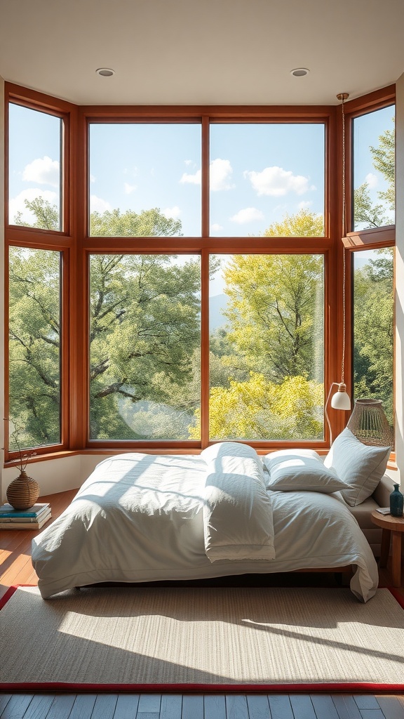 A cozy Japandi bedroom featuring large windows that maximize natural light and showcase an outdoor view of green trees.