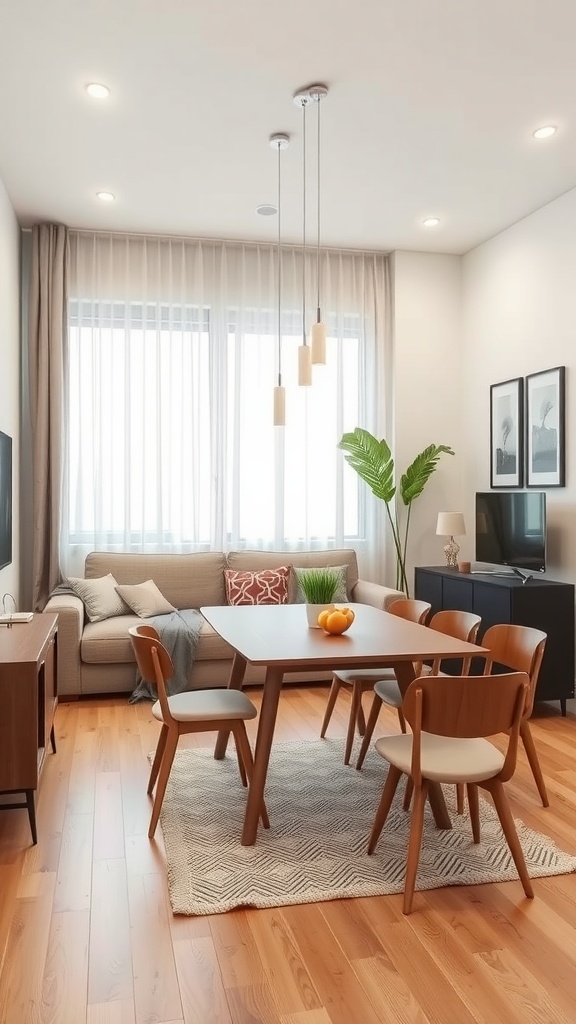 A small living and dining room combo featuring a light-colored sofa, a wooden dining table, and large windows with natural light.