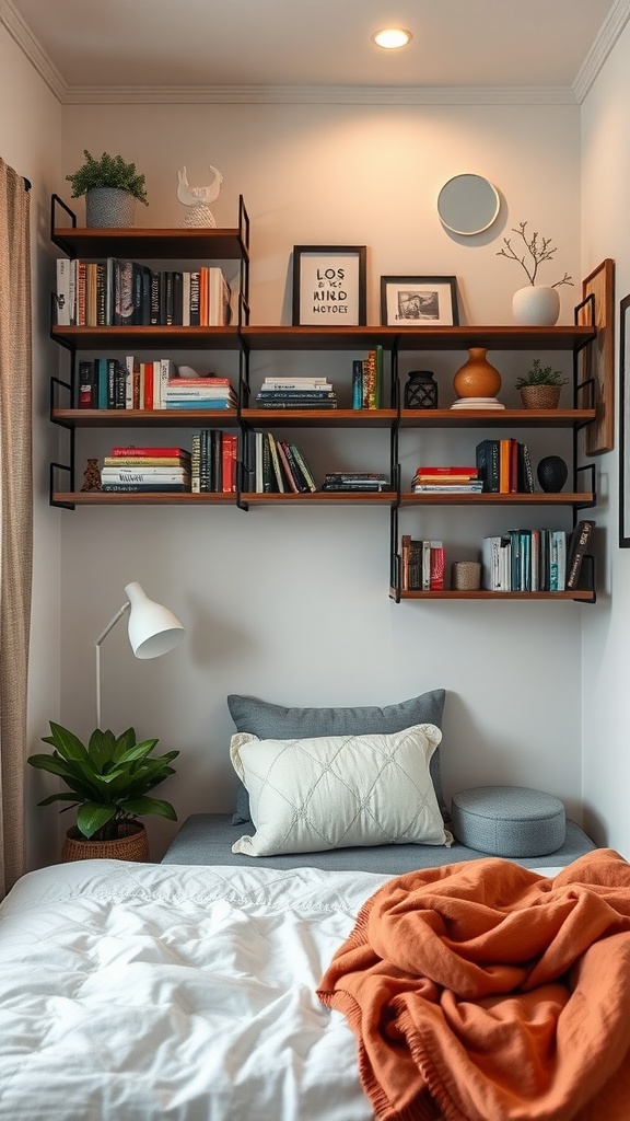 Cozy small bedroom with modern shelves filled with books and decorative items.