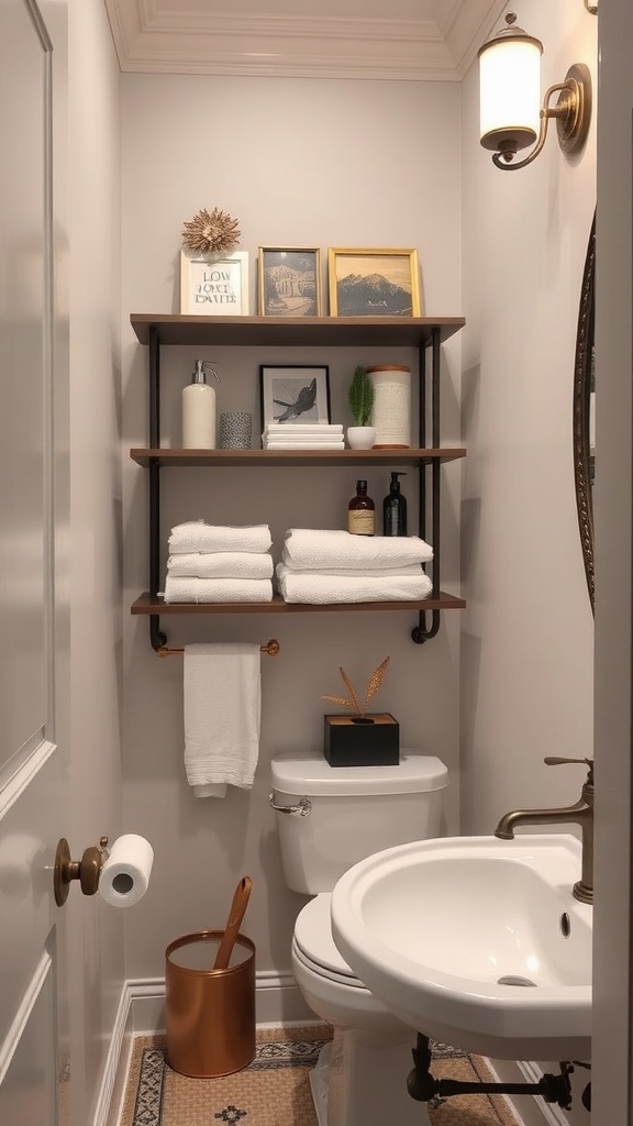 A stylish small bathroom featuring a wall-mounted shelf with towels and decor, showcasing effective use of vertical space.