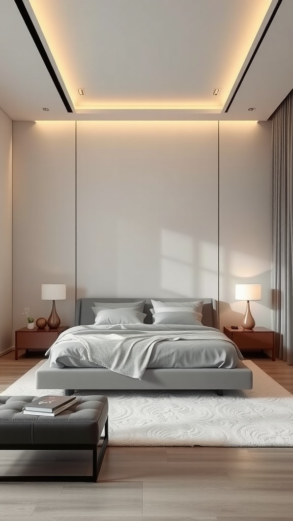 A modern luxury bedroom featuring neutral tones, a gray bed, and warm lighting.