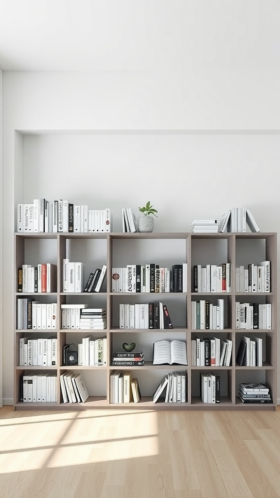 A minimalist bookshelf with white and gray books arranged neatly, accompanied by a small plant.