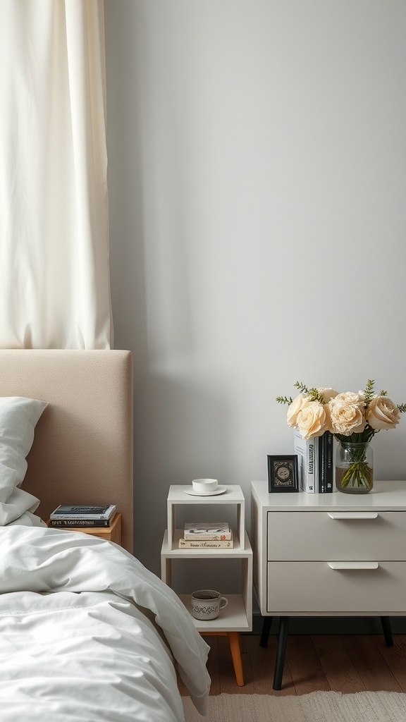 A cozy bedroom scene featuring two minimalist nightstands, one with a bouquet and books, and the other with a coffee cup.