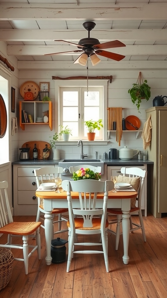 A cozy kitchen with mismatched furniture, featuring a wooden table, white chairs, and warm decor.