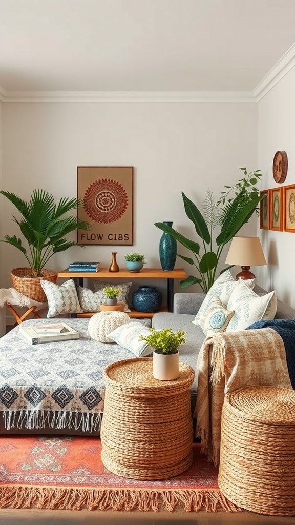 A cozy boho living room featuring a mix of patterns in pillows, a blanket, and a patterned rug.