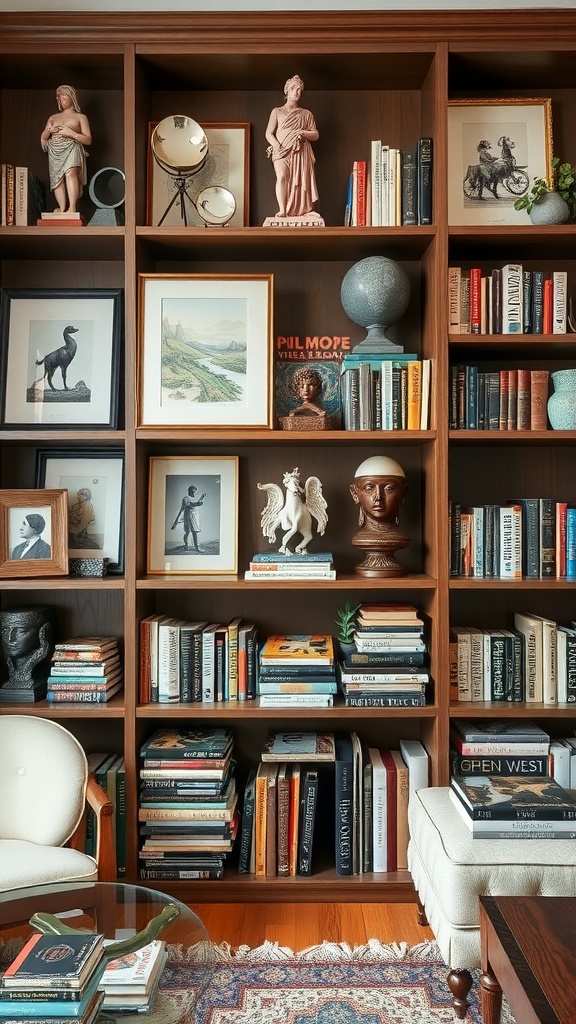 A stylish bookshelf featuring a mix of books, decorative art pieces, and plants