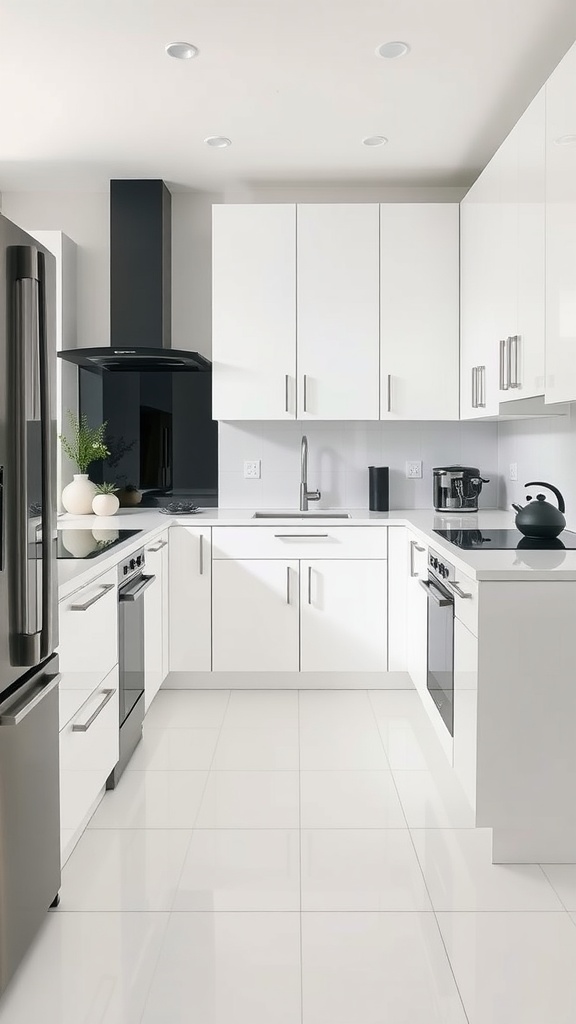Minimalist kitchen with a monochromatic color scheme featuring white cabinets and black accents.