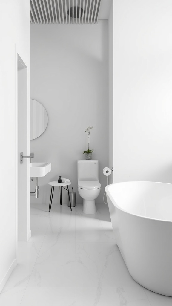 Modern minimalist bathroom with white walls, a freestanding tub, and a small plant