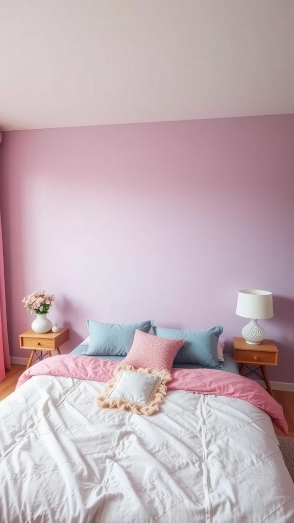 A cozy bedroom with pink walls, soft bedding, and a warm lamp, featuring a natural potted plant