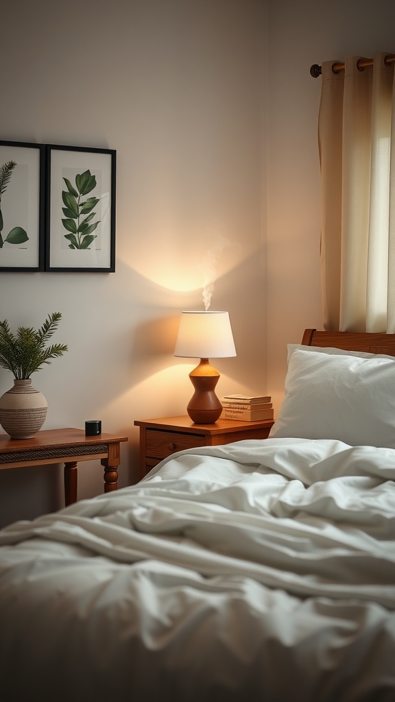 A cozy bedroom with a diffuser gently emitting steam, a lamp illuminating the space, and decorative plants.