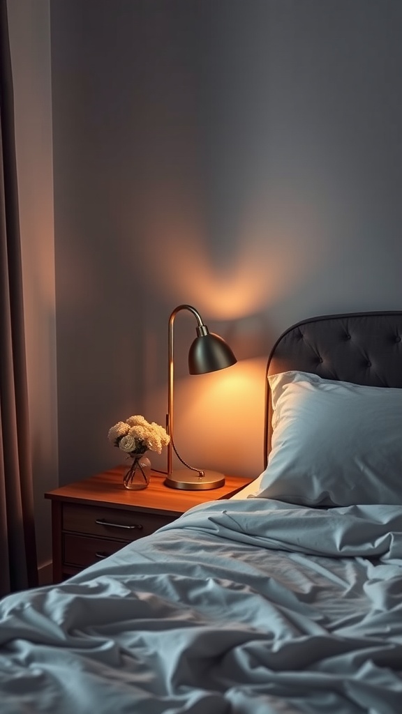 A cozy bedroom with warm mood lighting, featuring a bedside lamp and a flower vase.