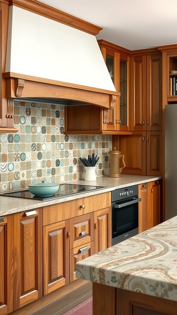 A kitchen featuring a mosaic tile backsplash and wood cabinetry.