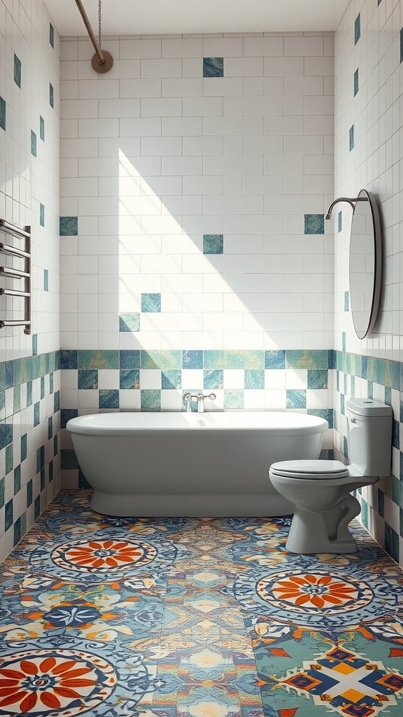 A bright and colorful bathroom featuring mosaic tiles on the floor, with a white bathtub and round mirror.